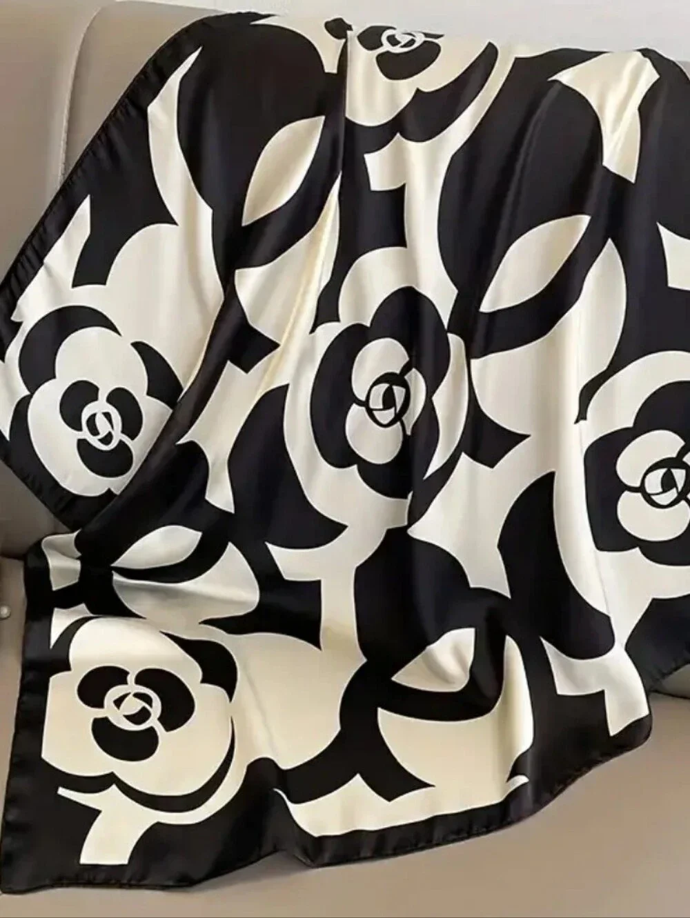 Black and Cream Floral Silk Scarf